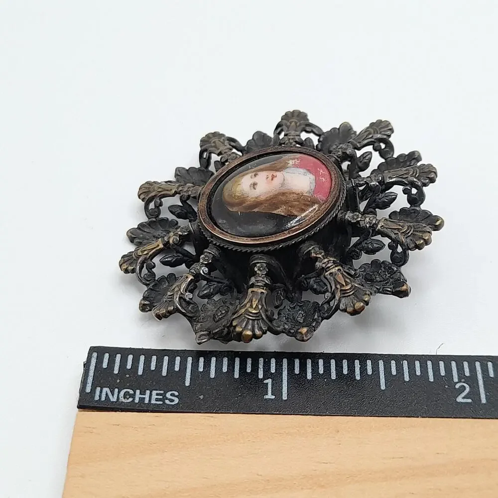 Antique Edwardian Portrait Brooch, C Clasp, Brass Filigree, Early 1900s